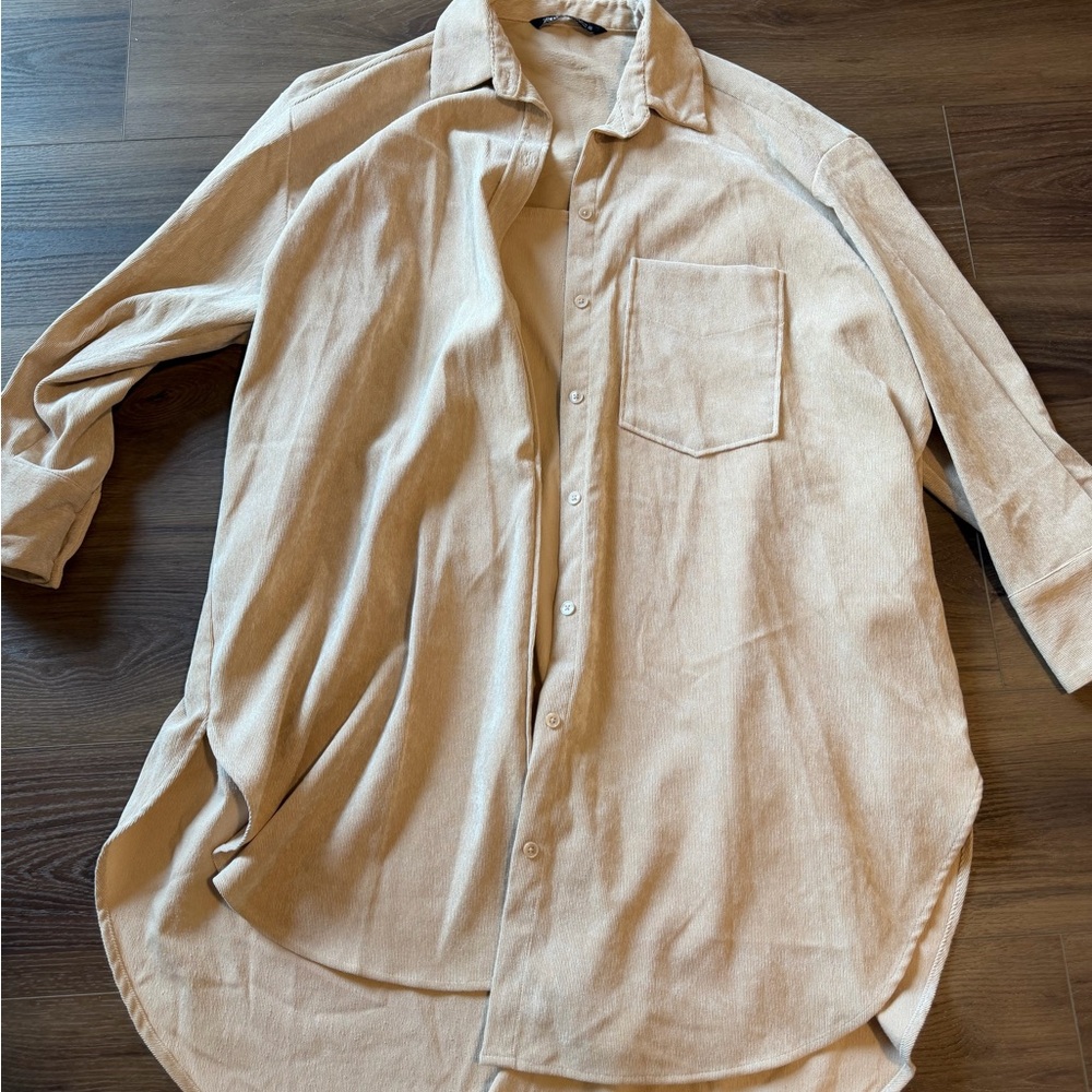 Zara Long Tan Button-Up Shirt